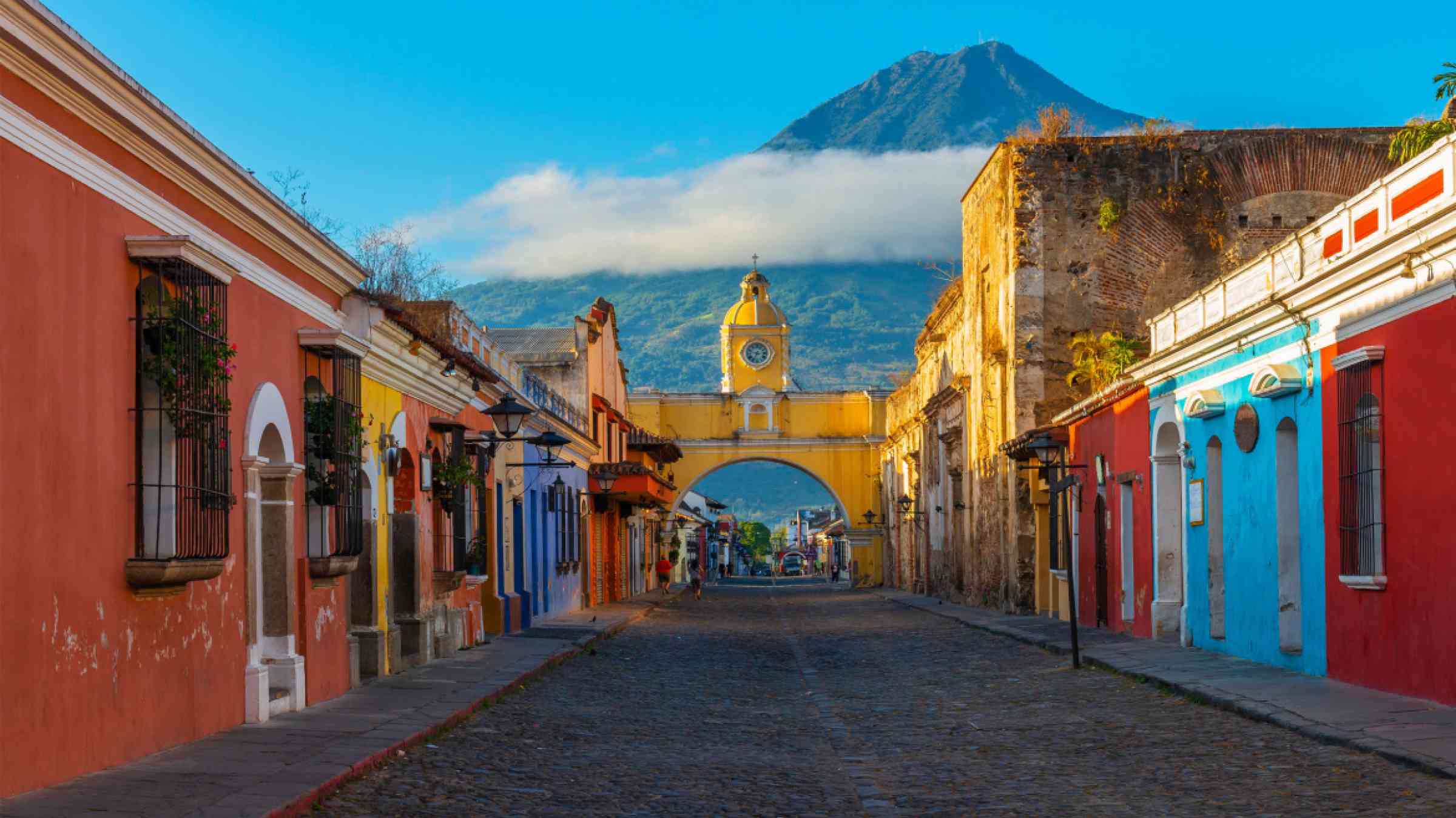 View of the volcano in the background of the city of Antigua Guatemala, Guatemala