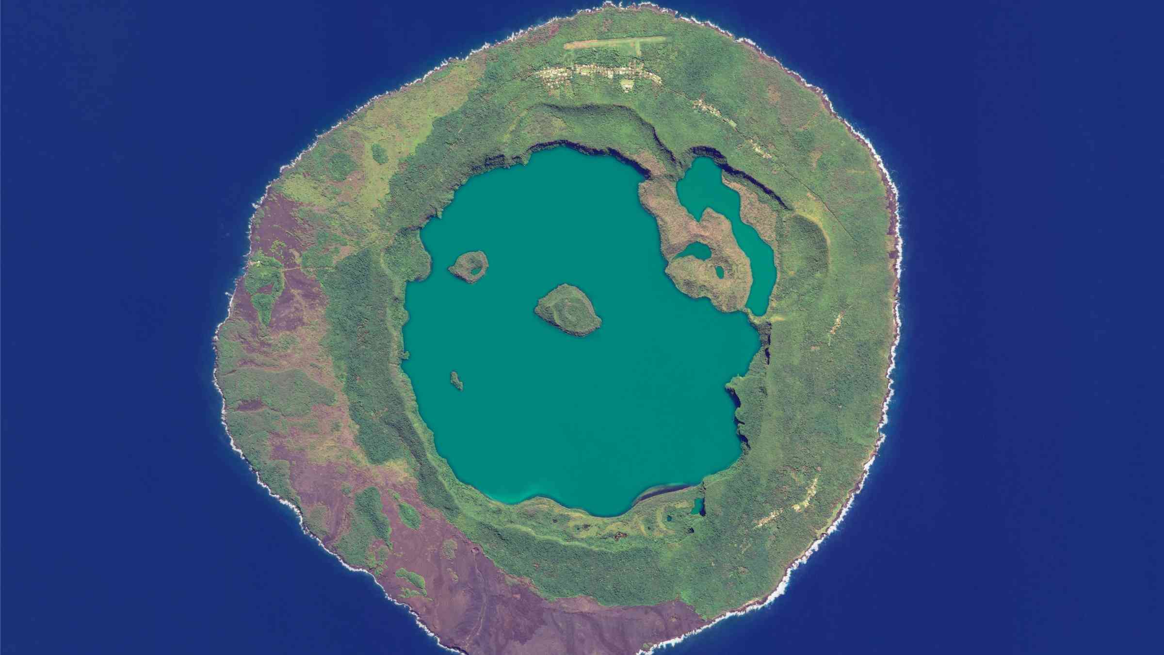 Aerial view of Niuafo’ou volcano in Tonga