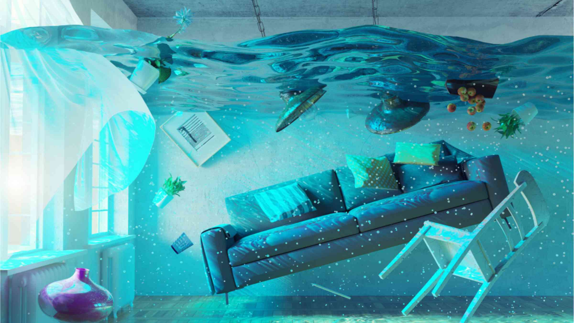 This image shows a living room under water with furniture floating around.