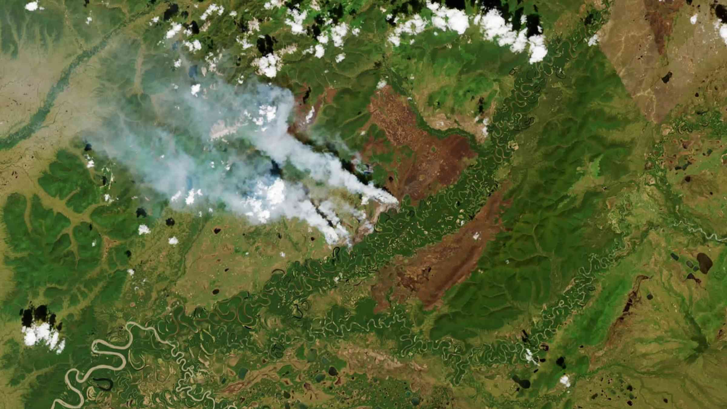 Satellite view of the wildfires in a field