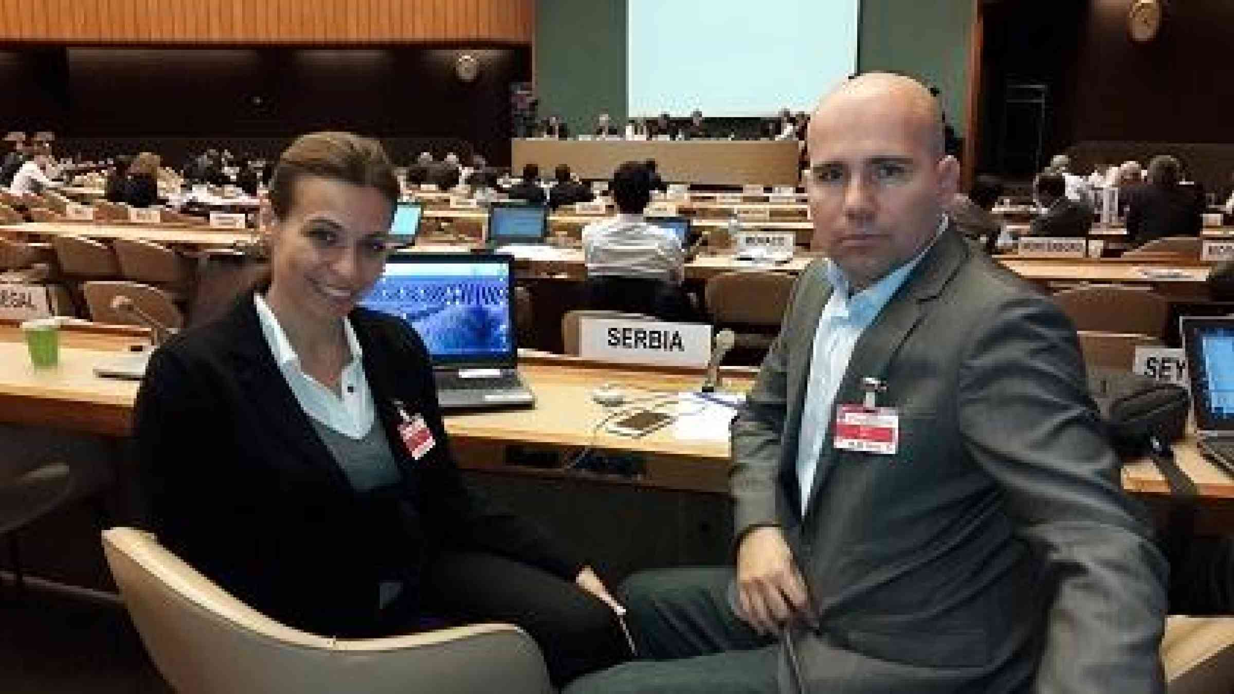 Sandra Nedeljkovic, Deputy Director of Serbia’s Government Office for Reconstruction and Flood Relief, and  Ivan Baras, Assistant Head of Sector for Emergency Management, at expert talks on Sendai Framework in Geneva (Photo: UNISDR)