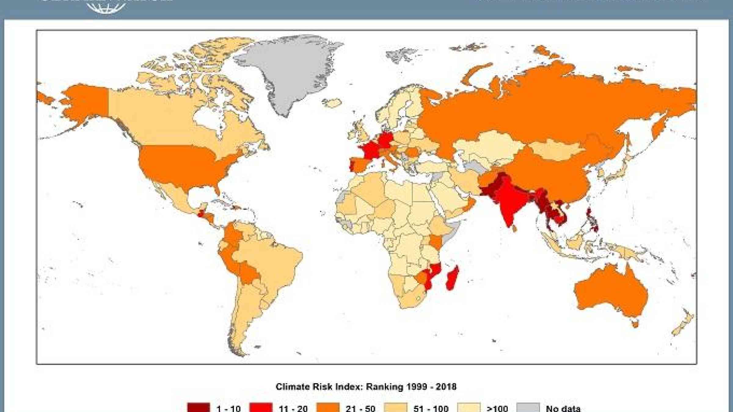 Climate Risk Index 2020, world map 1999-2018 (C) www.germanwatch.org/en/cri