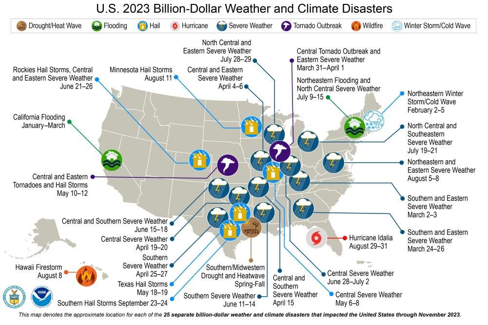 A map of the United States showing the location of billion-dollar weather and climate disasters.
