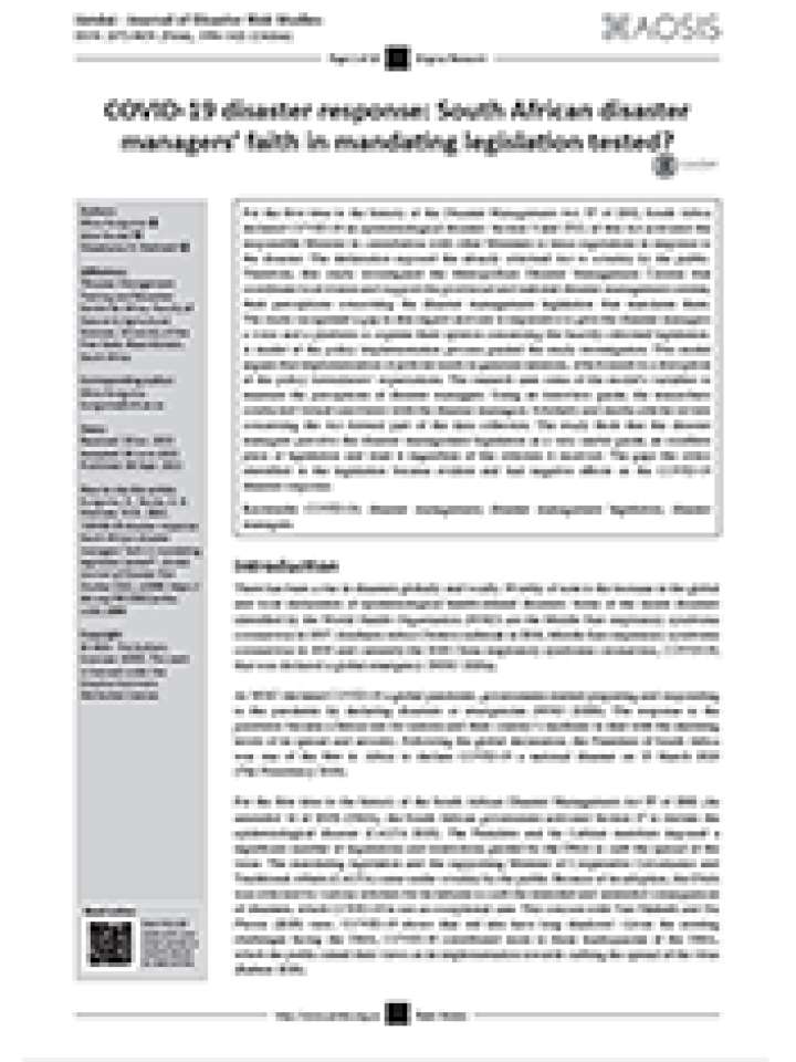 COVID-19 disaster response- South African disaster managers’ faith in mandating legislation tested