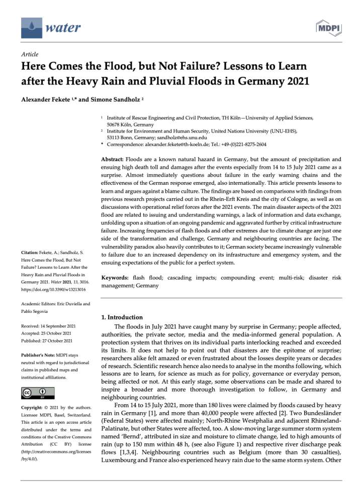 This image shows the first page of the publication "Here comes the flood, but not failure? Lessons to learn after the heavy rain and pluvial floods in Germany 2021"
