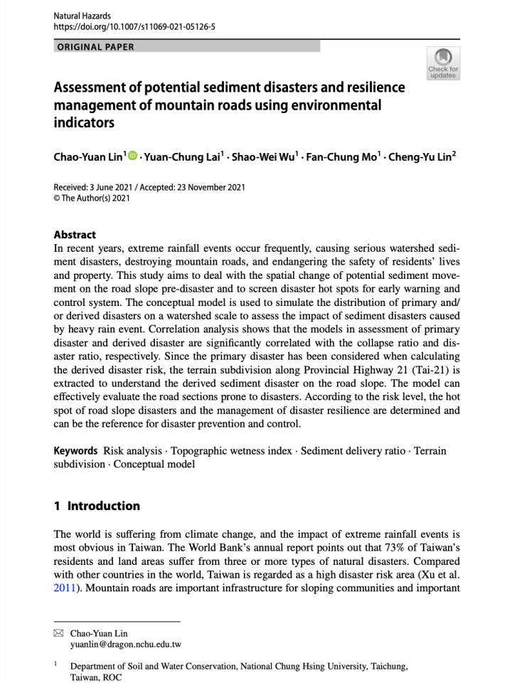 This is the first page of the publication titled "Assessment of potential sediment disasters and resilience management of mountain roads using environmental indicators".