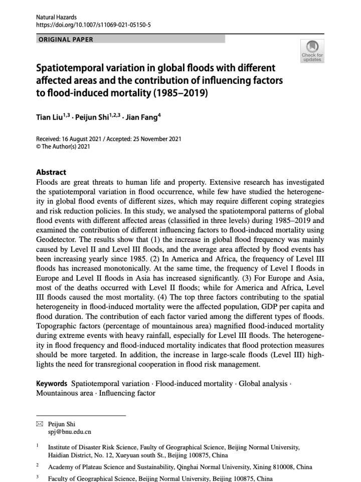 This is the first page of the paper titled "Spatiotemporal variation in global floods with different affected areas and the contribution of influencing factors to flood‐induced mortality (1985–2019)".