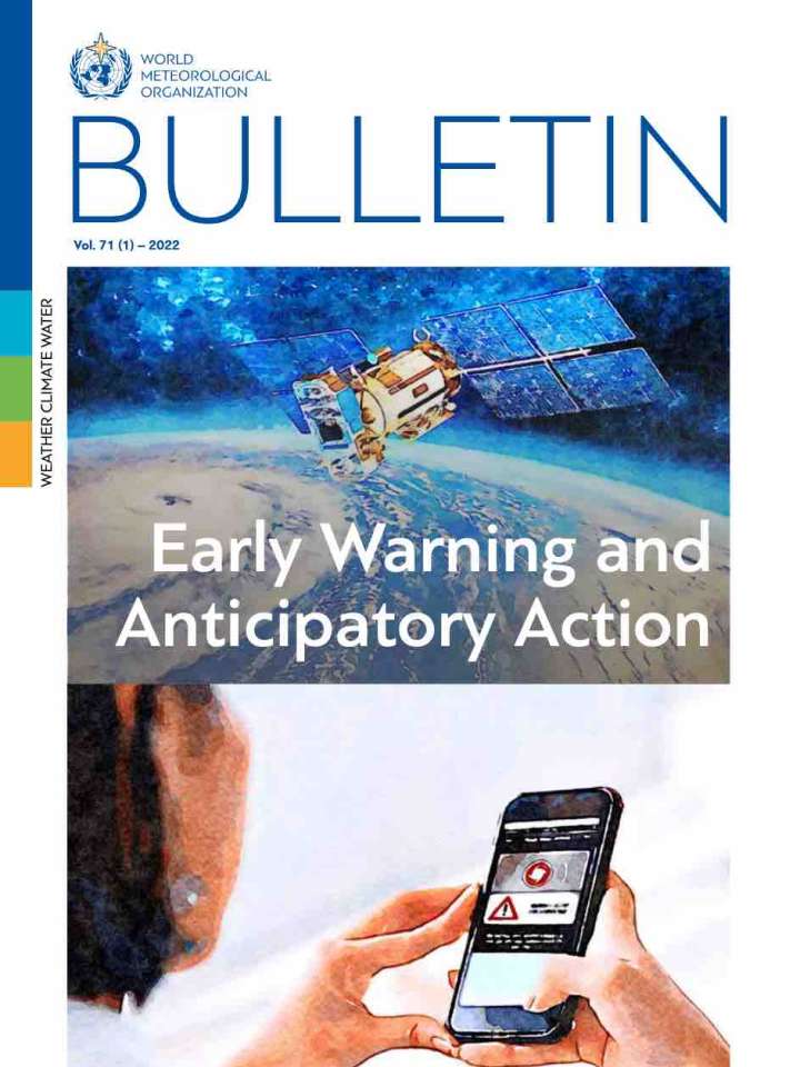 Cover of WMO Bulletin vol. 71: Satellite, smartphone displaying warning signs