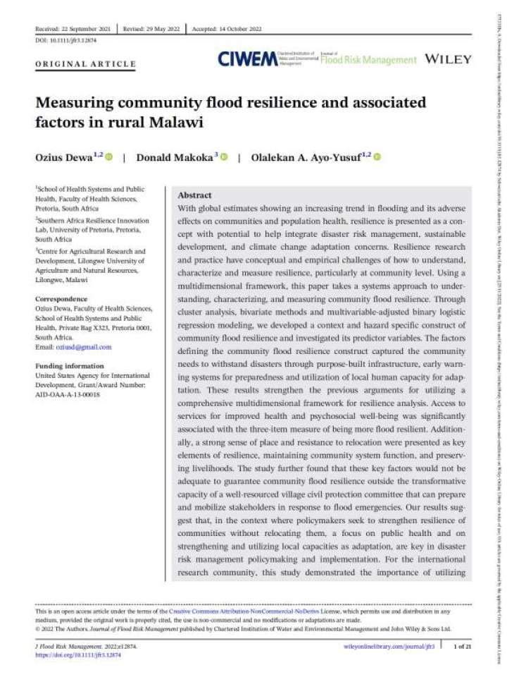 Measuring community flood resilience and associated factors in rural Malawi