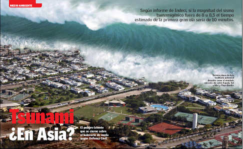 Excerpt from El Comercio: hypothetical tsunami striking a beach community south of Lima