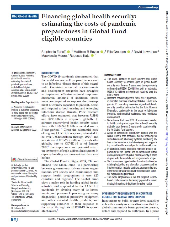 Financing global health security: estimating the costs of pandemic ...