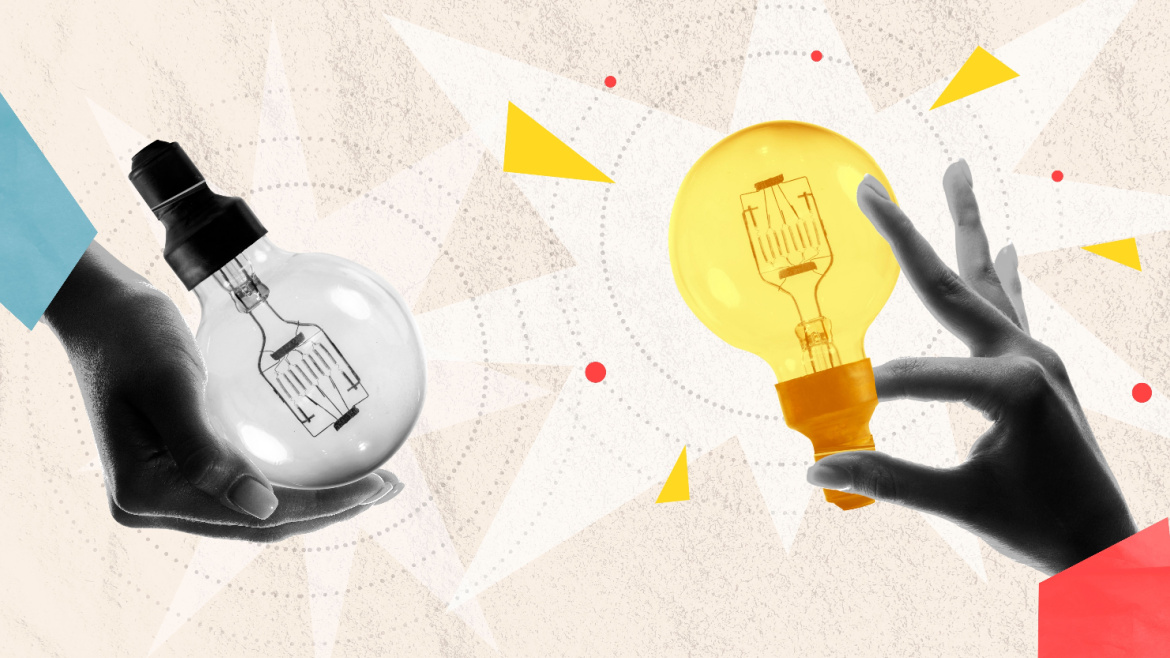Black and white hands holding a clear and a glowing yellow light bulb against textured background.