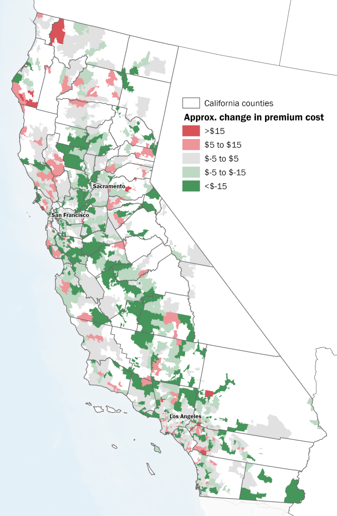 A map of California showing the approximate change in NFIP premium cost by zip code.