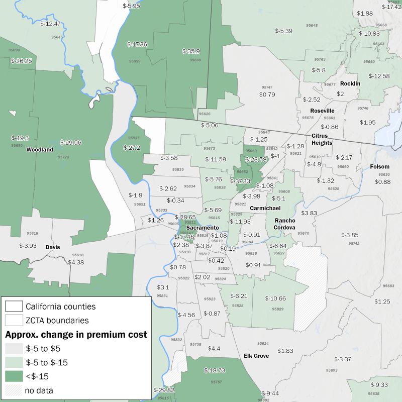 A map showing the average change in NFIP premium cost by ZIP Code, Sacramento area