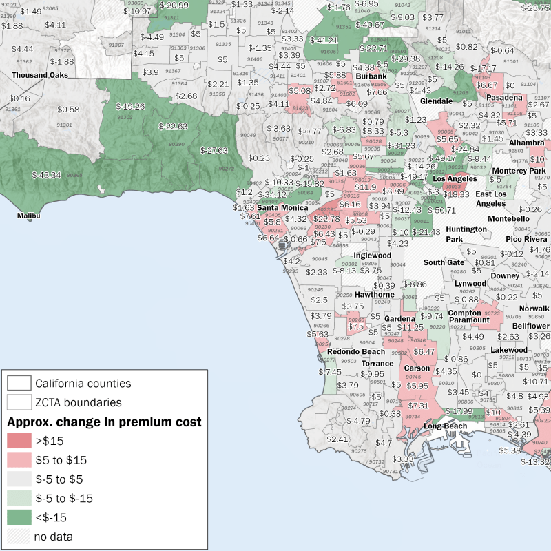 A map showing the average change in NFIP premium cost by ZIP Code, Los Angeles area