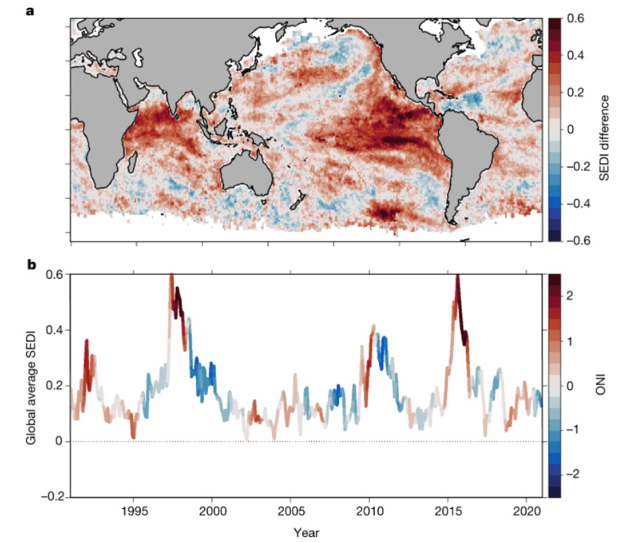 The map (top) shows the difference in 3.5-month lead forecast skill (SEDI) when ENSO is in an active state compared to a neutral state. 