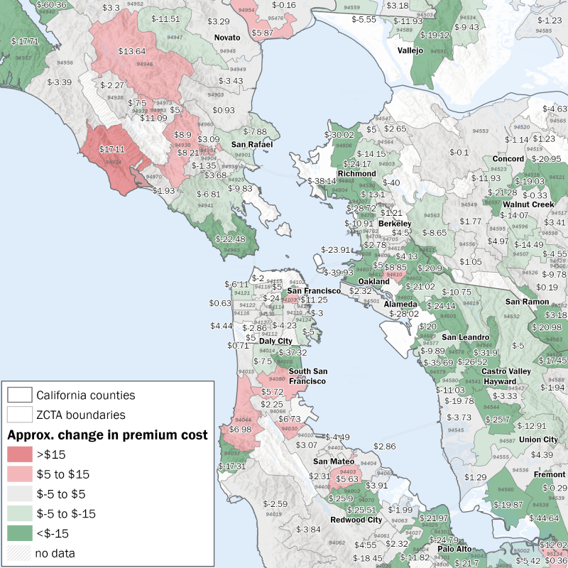 A map showing the average change in NFIP premium cost by ZIP Code, San Francisco area