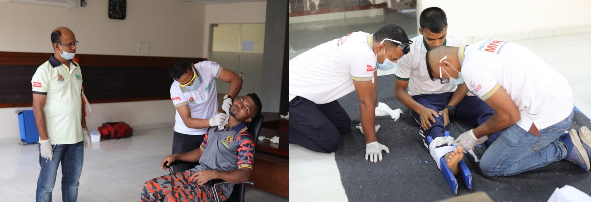 Practical drills on managing injuries during MFR training at Mirpur training complex