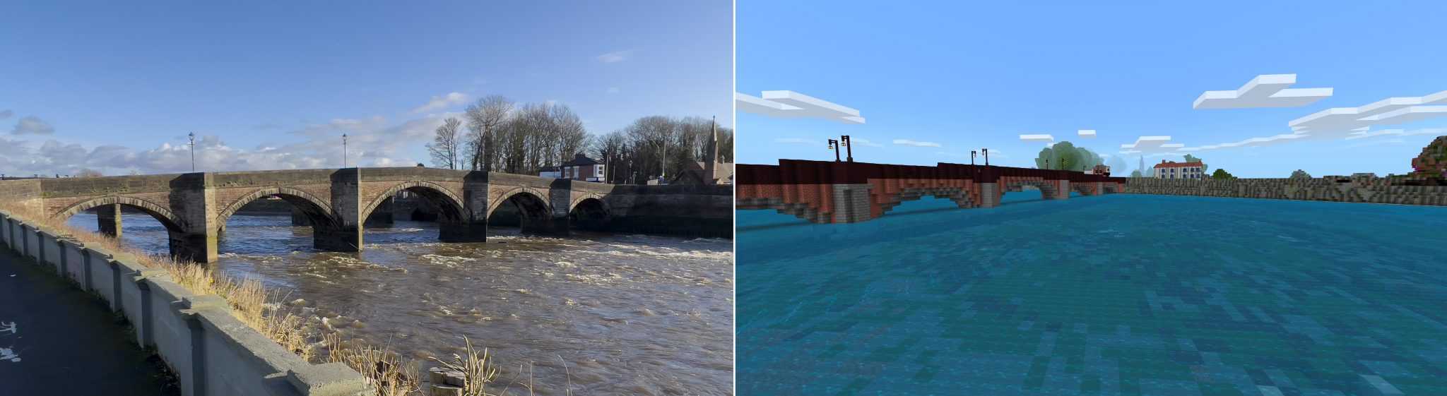 A bridge spanning the River Ribble in Preston; and the same location, recreated in Minecraft