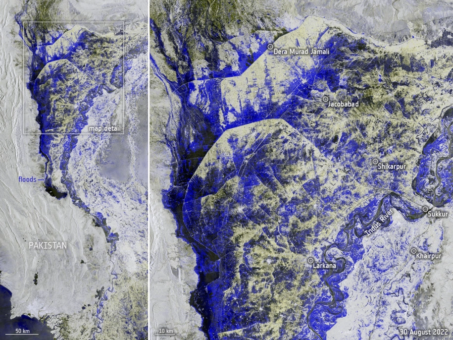 A satellite photo by Copernicus Sentinel-1 showing the extent of flooding in Pakistan