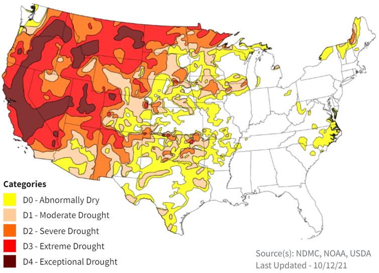 A map showing drought conditions in the continental US
