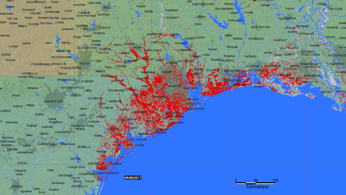 A map indicating detections of E.coli in areas along the Gulf Coast