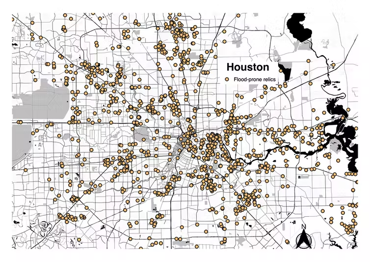 A map highlighting flood-prone relic industrial sites in Houston, Texas