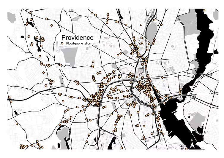 Map highlighting flood-prone relic industrial sites in Providence, Rhode Island