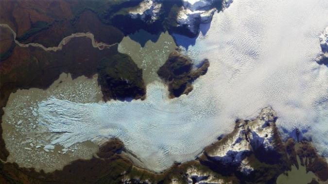 An orbital view of the San Quintin glacier in Chile showing how the glacier is receding