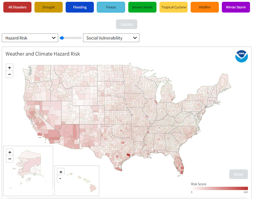 A display of NOAA's county hazard risk map