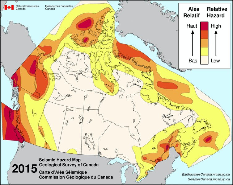 A map of Canada showing the risk of earthquakes