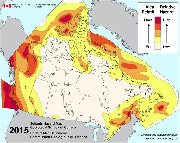 A map of Canada showing the risk of earthquakes