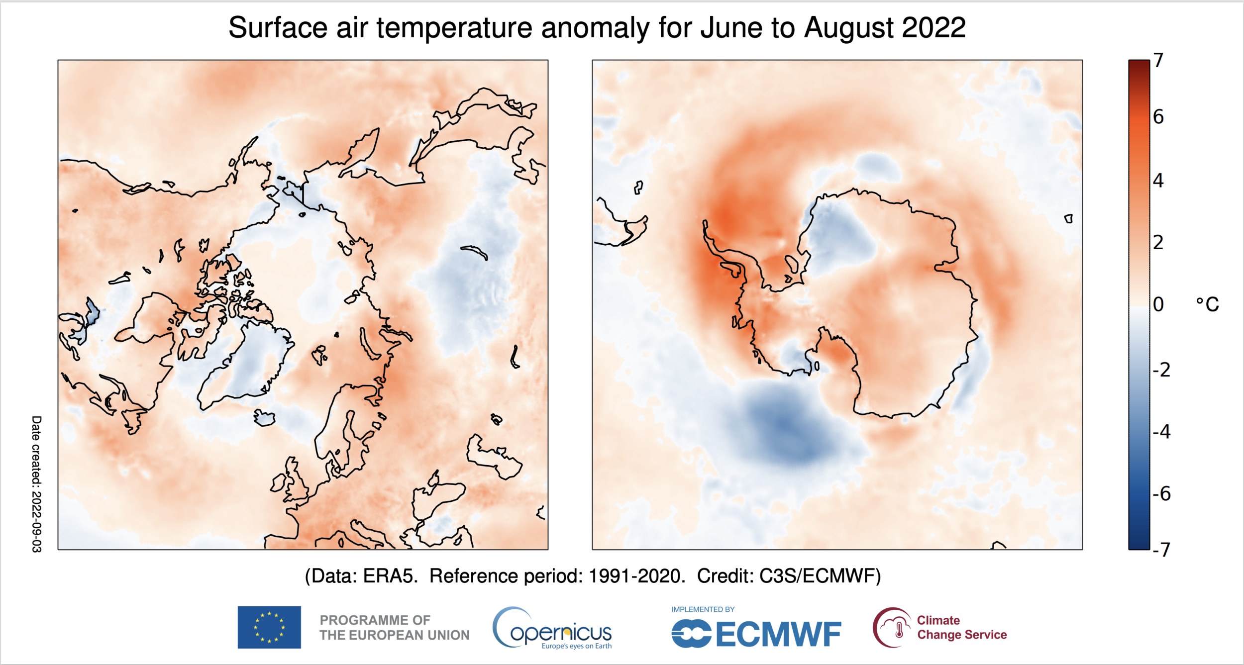 A satellite photo showing the air temperature anomaly over both poles for June to August 2022