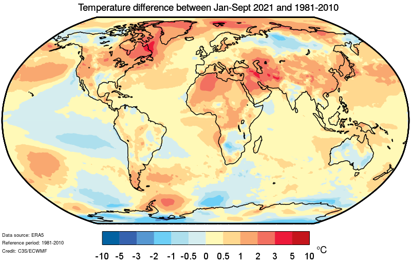 A map showing global temperature differences between 2021 and 1981-2010
