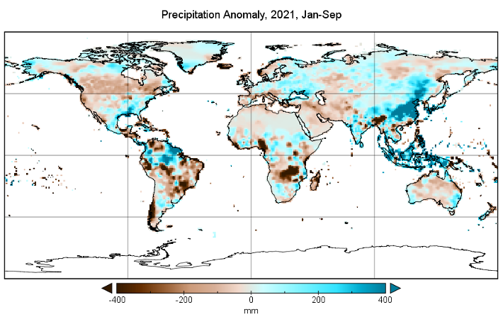 A map showing the total precipitation anomaly globally in 2021 compared to the 1951-2000 trend