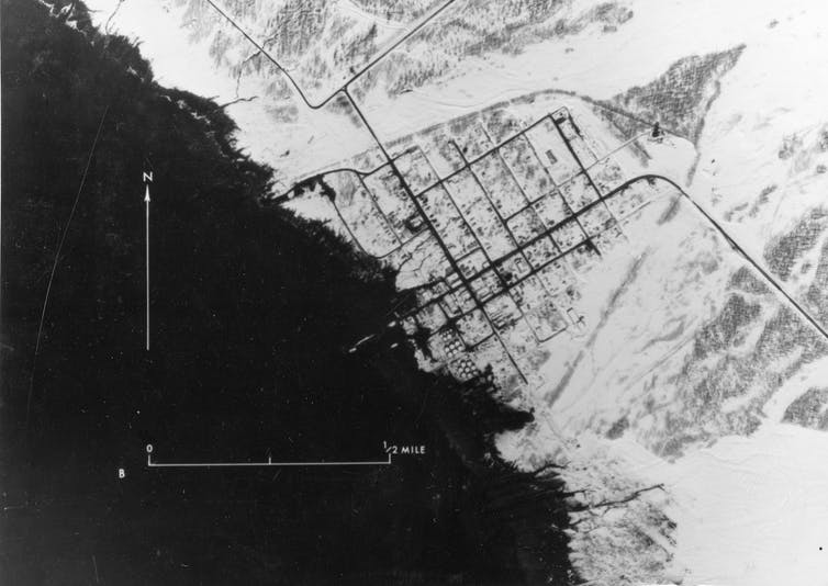 An aerial photo of Valdez, Alaska after the 1964 Alaskan earthquake