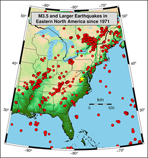 Fig. 1. Red dots denote epicenters of earthquakes of magnitude 3.5 or greater recorded since 1971 and indicate that earthquakes occur across large areas of eastern North America. The epicenter of the 2011 Mineral, Va., event is shown by the yellow star. Credit: USGS
