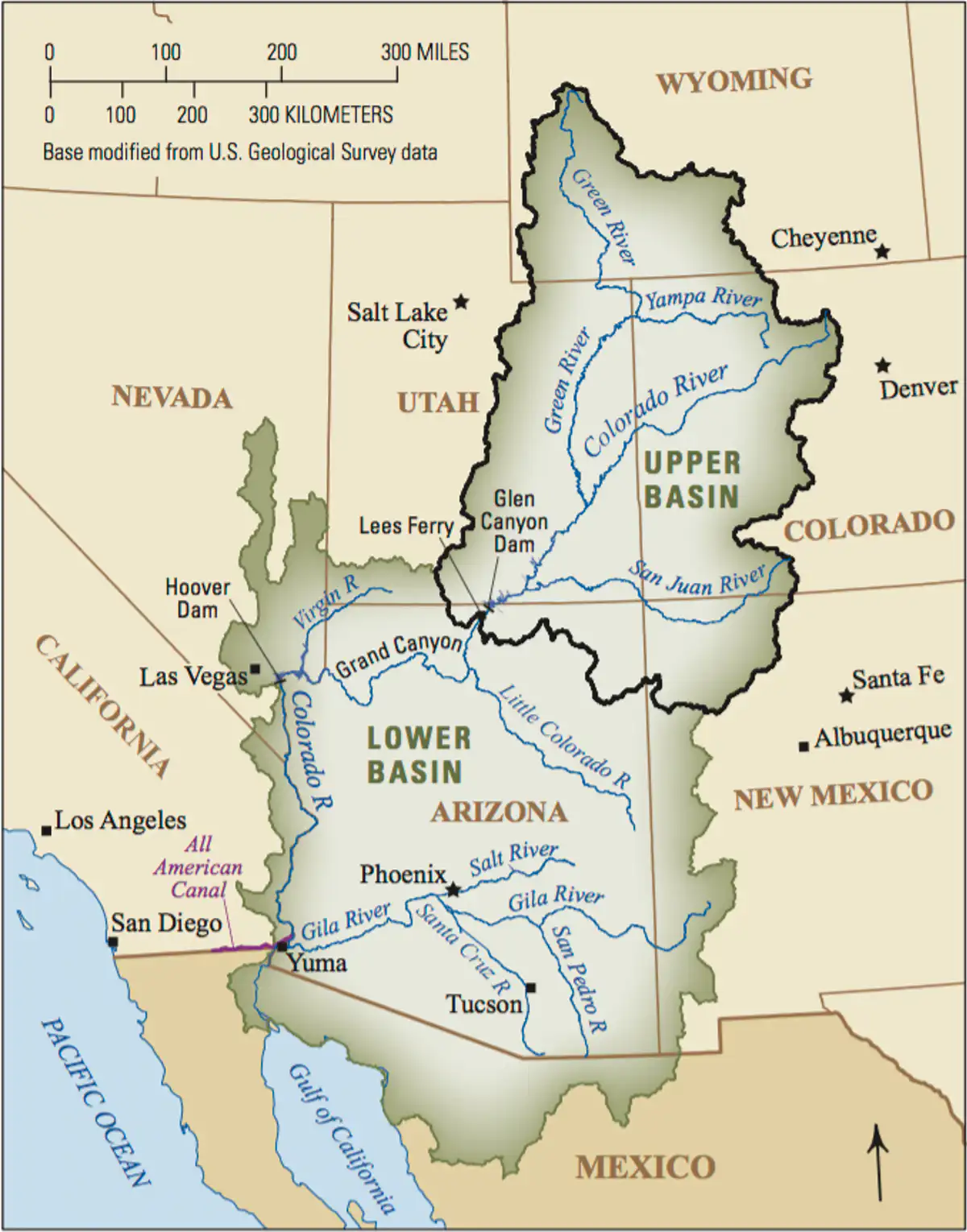 The Colorado River flows through seven U.S. states and Mexico, ending at the Gulf of California.  USGS
