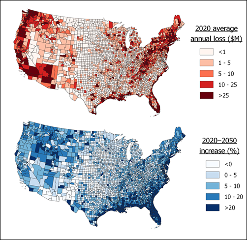 These two county-level maps show the current average annual loss due to flooding in the contiguous United States in millions of U.S. dollars (top) and how those costs are projected to change by 2050 (bottom). Darker colors indicate a higher cost (top, red) or a greater increase in cost (bottom, blue).