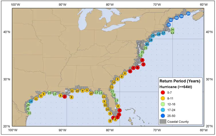  The numbers shown here reflect how often a hurricane would be expected within 50 nautical miles. The red dots suggest a hurricane every five to seven years. NOAA 