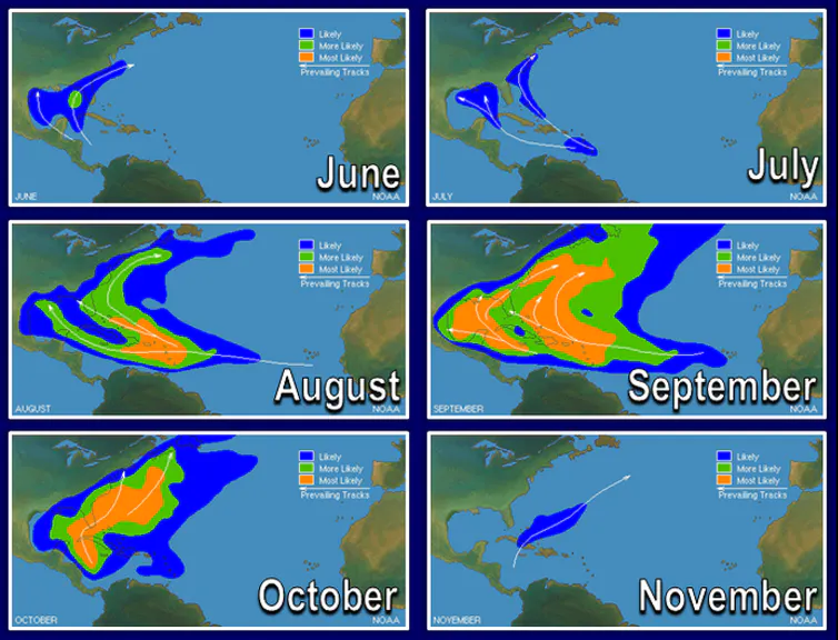 The busiest areas during each month of hurricane season. NOAA