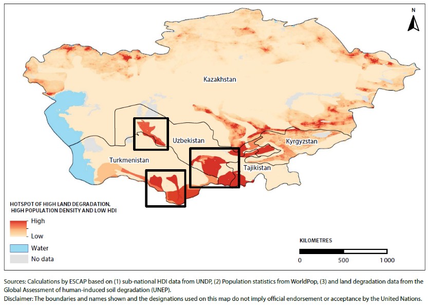 A map showing the extent of land degradation-associated low human development in North and Central Asia