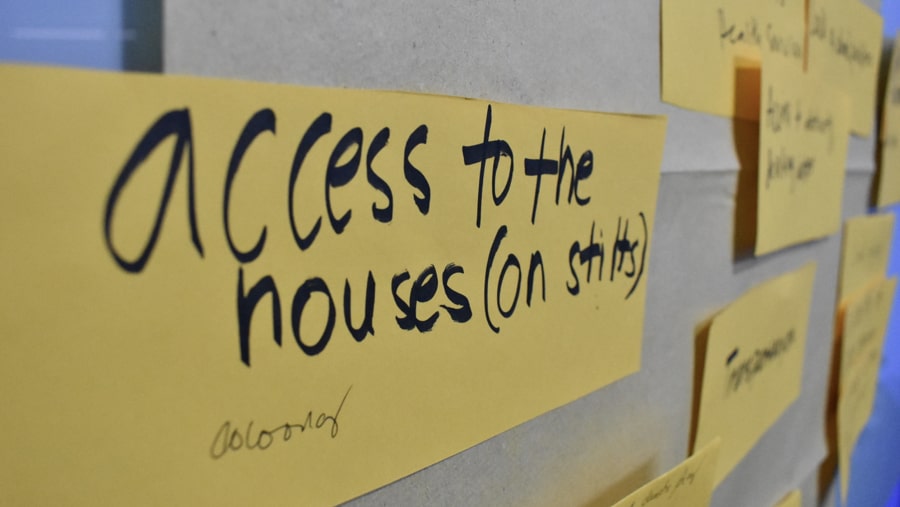 Piece of paper from a workshop exercise where it's written "Access to the houses"
