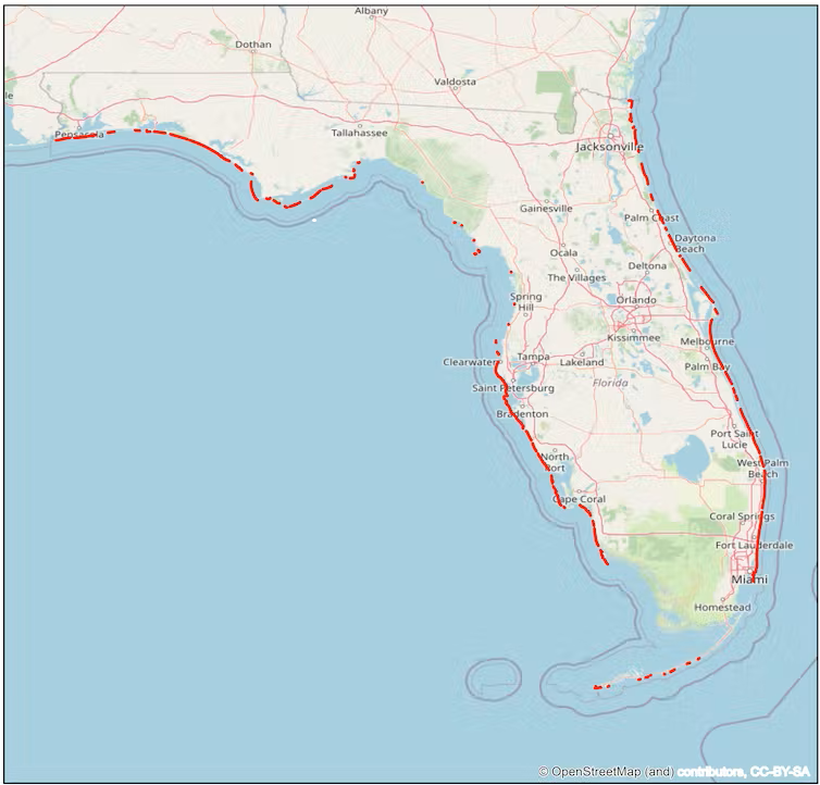 Florida’s erosion risk map shows most of the state’s coastline at critical risk. Florida Department of Environmental Protection, CC BY-SA