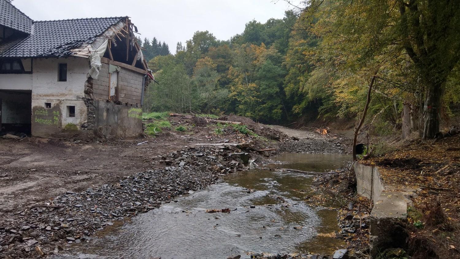 Damaged mill by river in Sarbach in the Ahr Valley 2021 following the devastating floods.