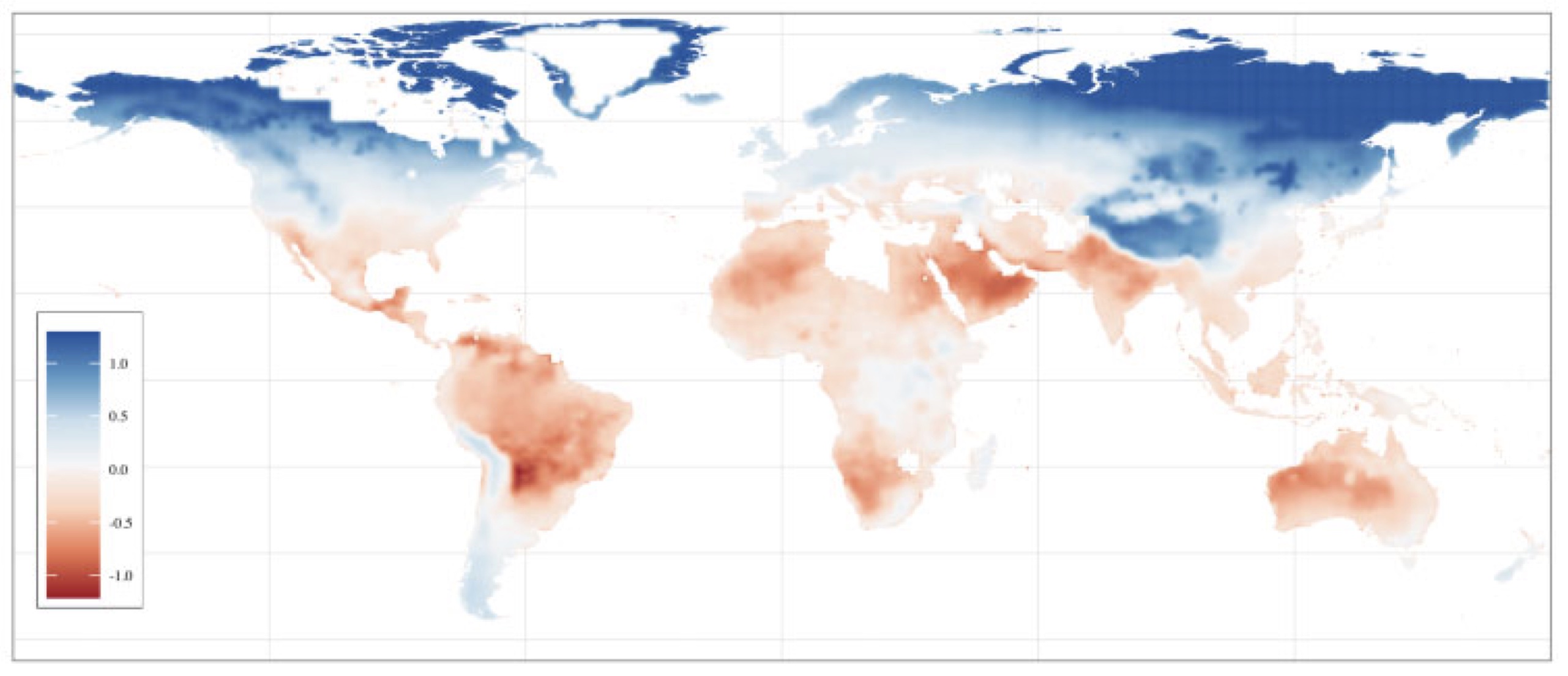 Map showing the effect of climate change on predicted populations in 2200.