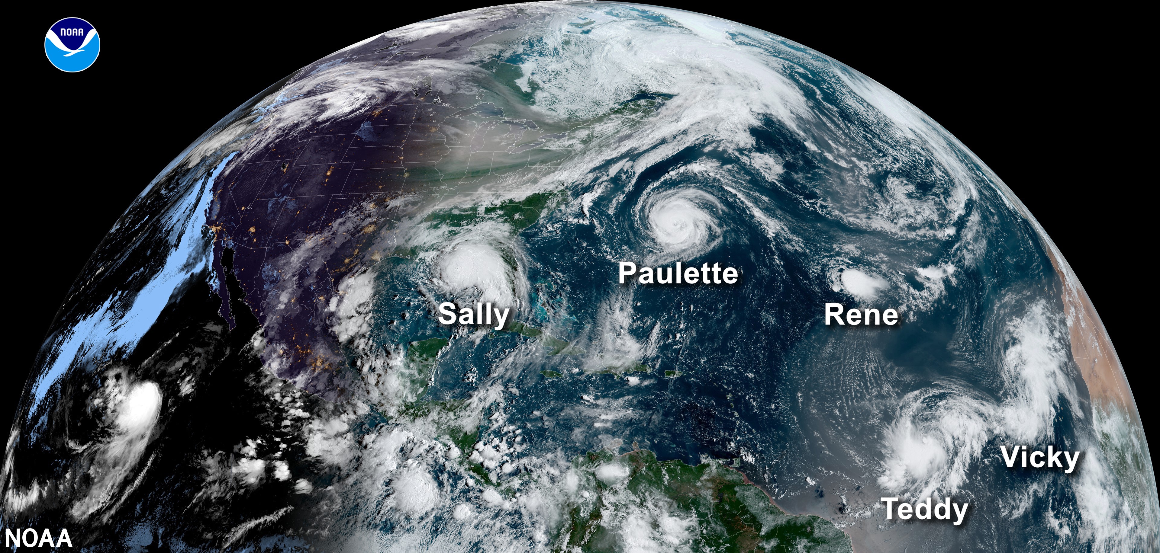 Figure 2. On September 14th, 2020, this satellite image captured 5 tropical systems (2 Hurricanes and 3 Tropical storms) in the Atlantic Ocean at the same time. September 2020 experienced the formation of a total of 10 named storms – the highest number for any month on record according to NOAA.
