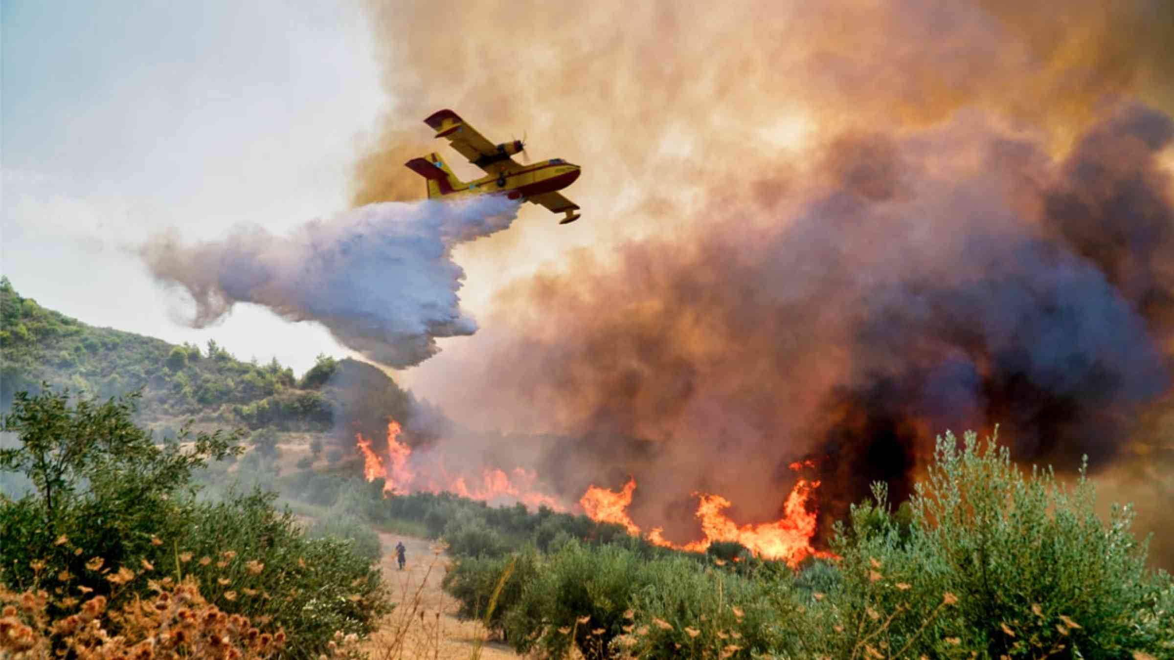 A firefighting plane releases its load of water as it tries to extinguish a fire in Xelidoni village in the area of Ancient Olympia, Greece (2021)
