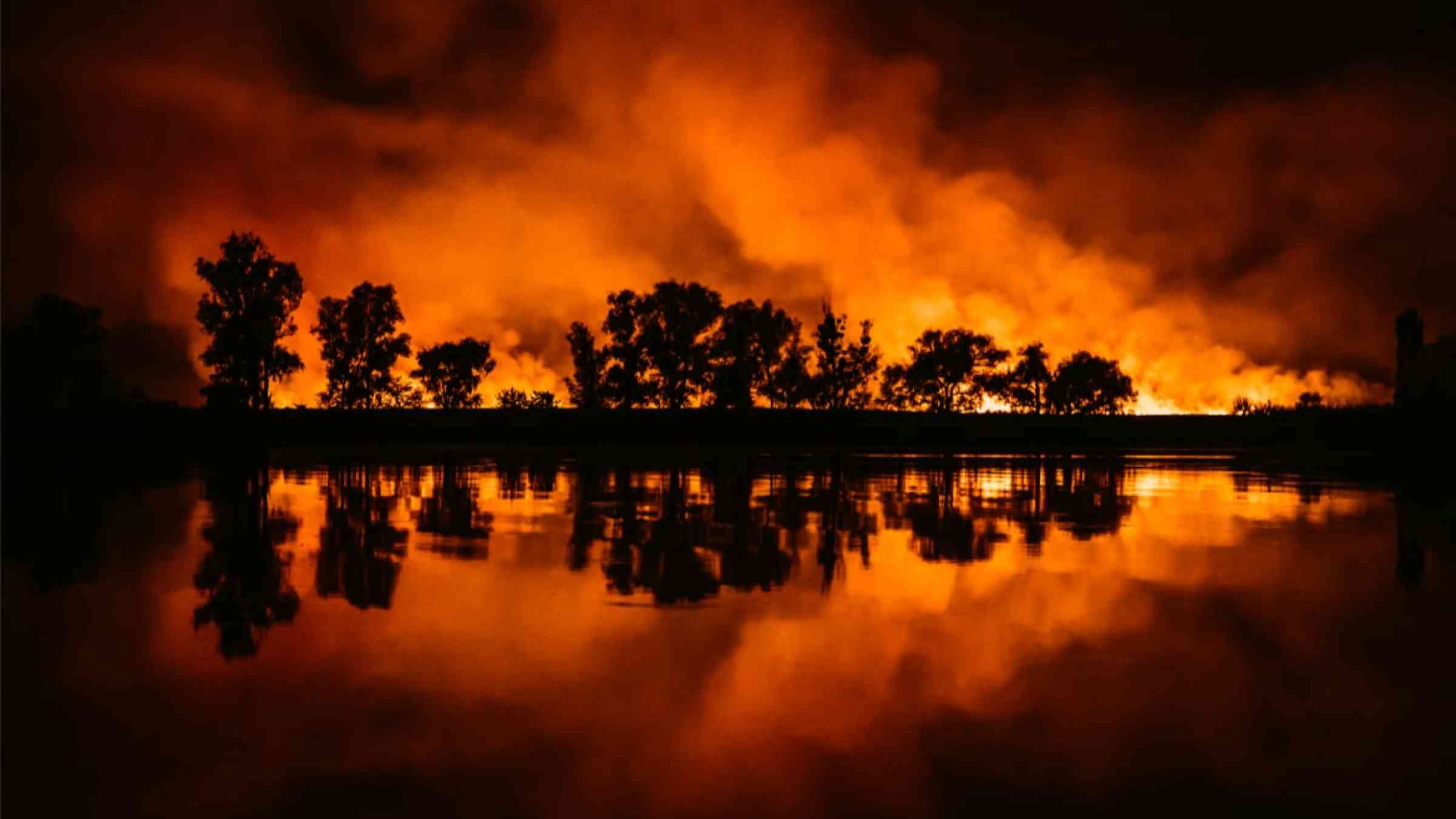 Wildfire during the night reflected in a water body