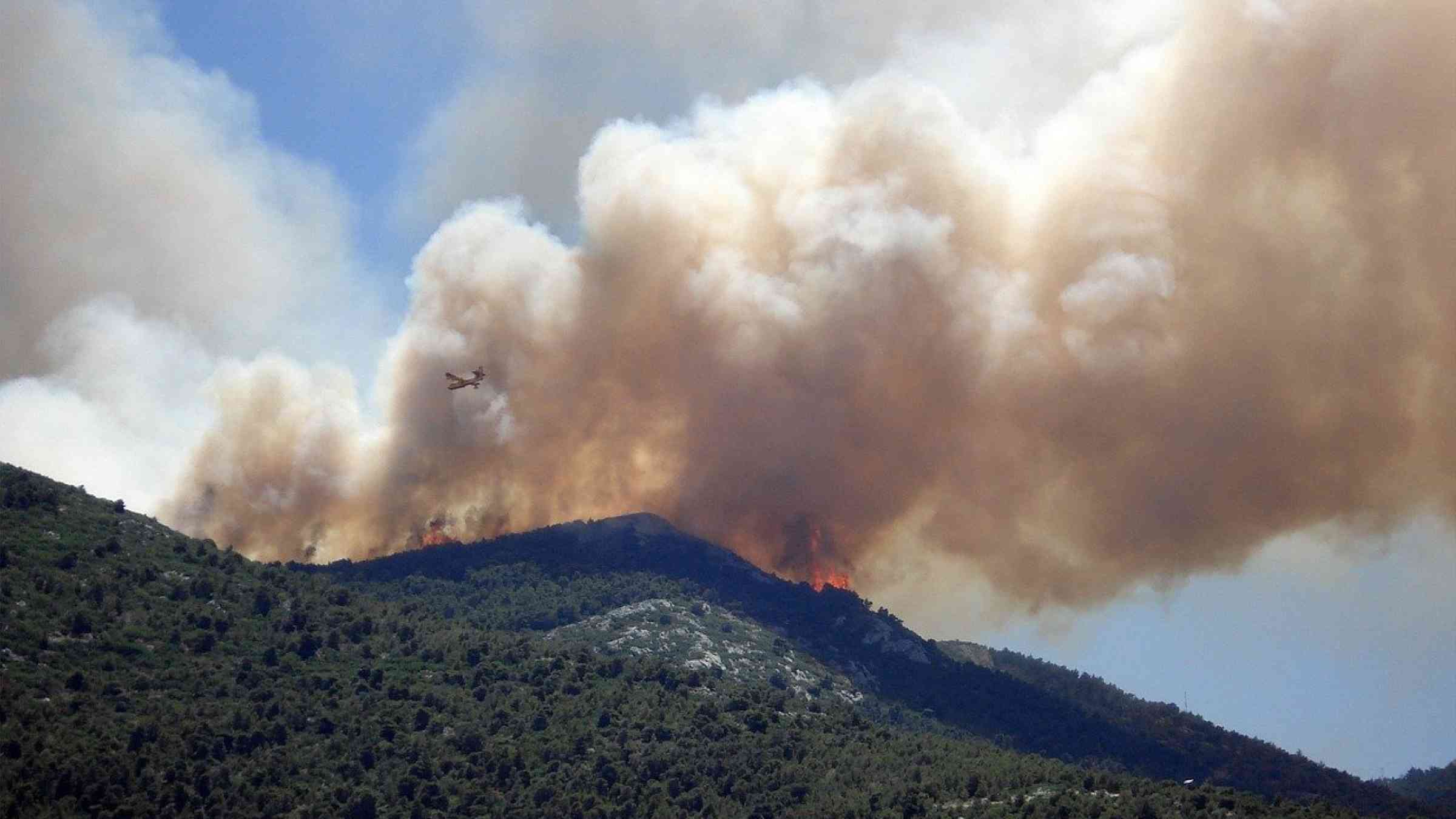 Wildfire on a forested hill